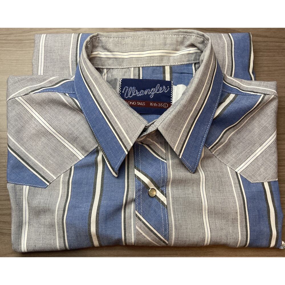 Wrangler Western Shirt Mens L-16.5-Blue Gray Pearl Snap Cowboy 90s-X Long-Vntg - Picture 2 of 11